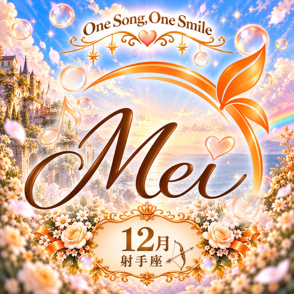 Mei Familyのおそろいイベントアイコン。青空と泡、オレンジ色のリボン、花々の中にMeiとOne Song, One Smileの文字